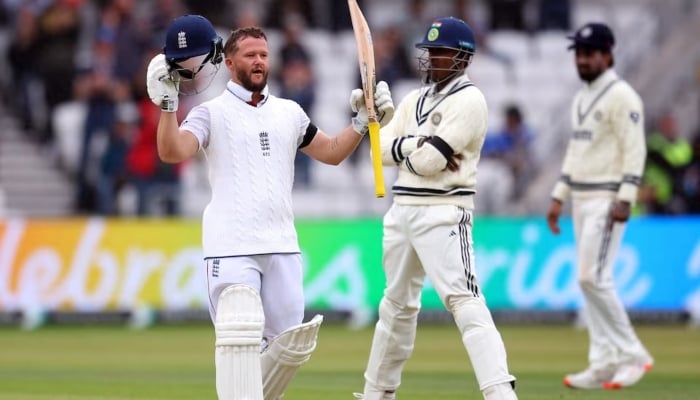 England's Ben Duckett celebrates his century, Headingley Cricket Ground, Leeds, Britain