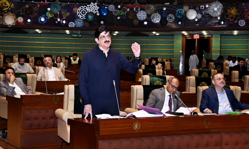 Sindh Chief Minister Syed Murad Ali Shah speaks on the Kashmir resolution on the floor of the assembly.